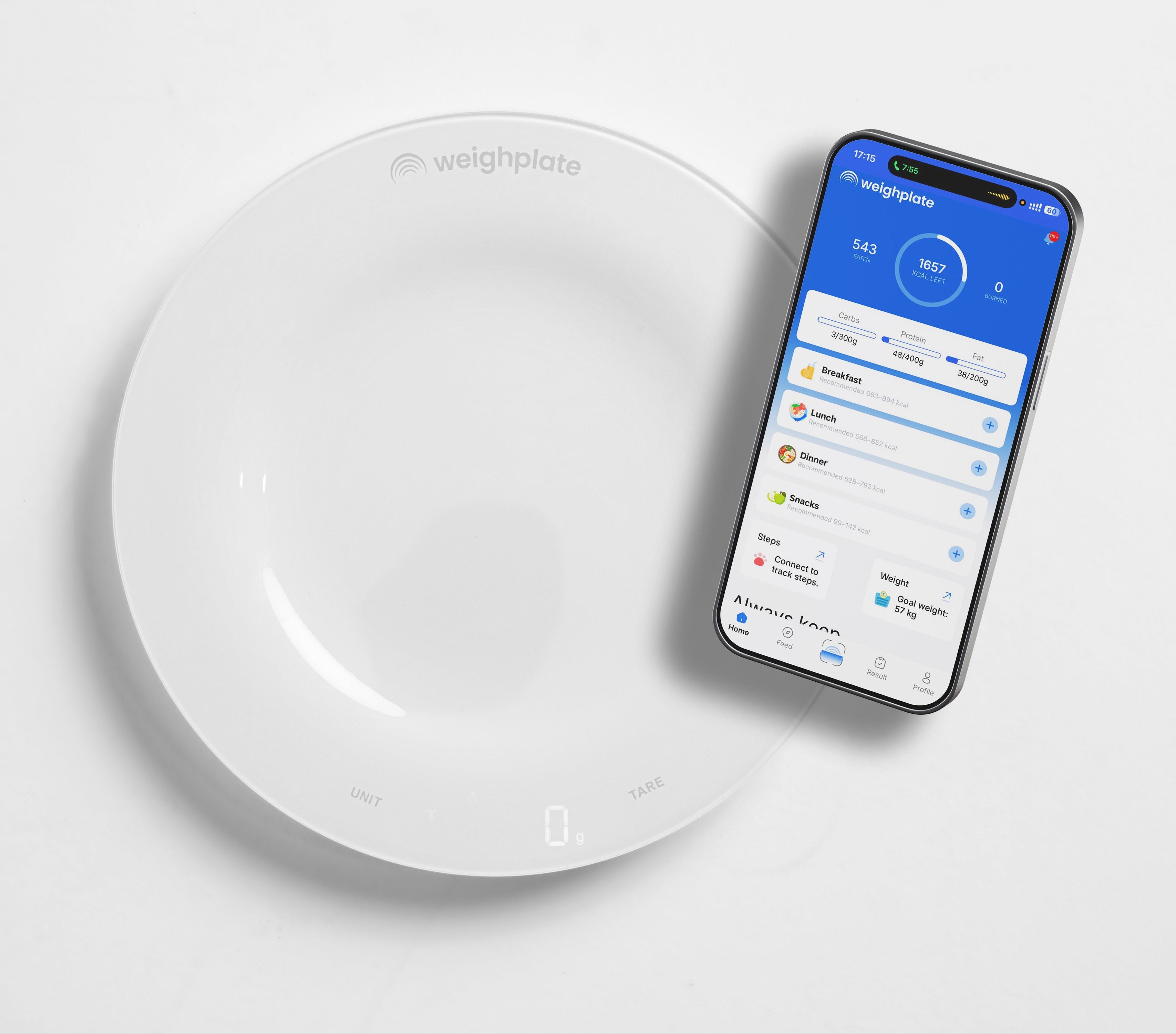 Smart scale on a white surface with a smartphone displaying the Weighplate app.